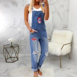 SALE SALE SALE RIPPED STREET HIP HOP LIP TONGUE STONES OVERALLS IN SIZE 3XL PLUS